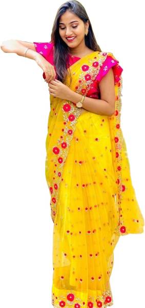 Vinayak Textile Self Design, Embroidered, Embellished Bollywood Net Saree