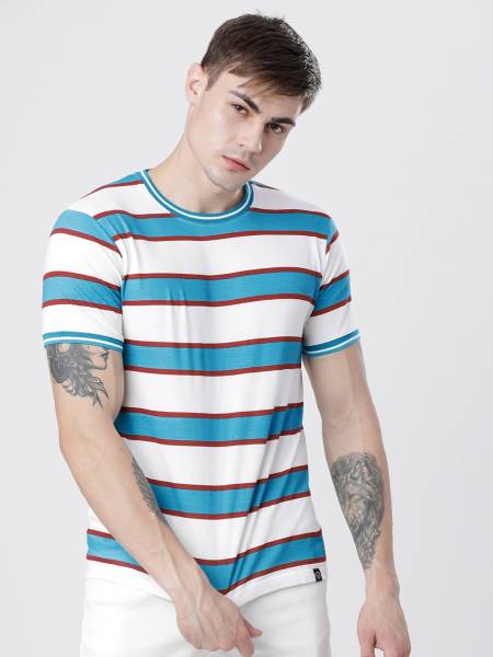 LOCOMOTIVE Striped Men Round Neck White, Blue T-Shirt