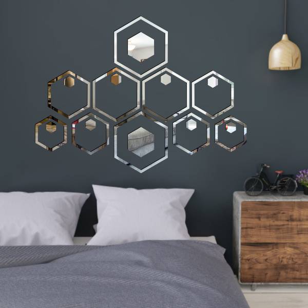Grahak Trend 20 Shape Hexagon Silver 3D Acrylic Mirror Wall Sticker Decoration for Kids Room/Living Room/Bedroom/Office/Home Wall Pack of 20