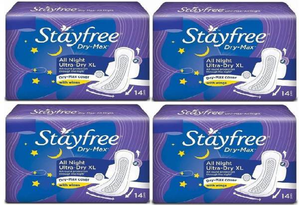 STAYFREE -Max All Night Ultra-Dry With Wings - XL (14+14+14+14 Sanitary Pads) Sanitary Pad (Pack of 14+14+14+14) Sanitary Pad