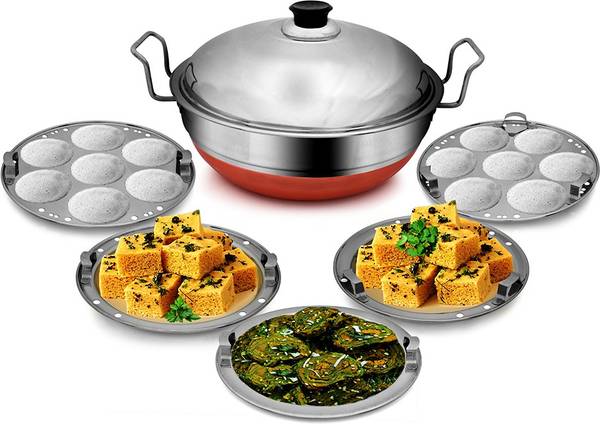 CASSAFLIP All-in-One Stainless Steel Copper Bottom Idli Cooker Multi Kadai Steamer Copper Bottom With Lid, Big Size with 5 Plates 2 Idli, 2 Dhokla, 1 ...