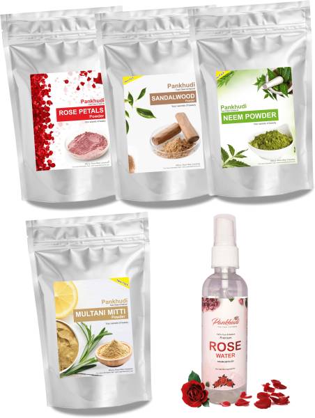 Pankhudi Multani Mitti + Chandan Powder + Neem Powder + Rose Powder + Rose Water Combo Face Pack - 100gm Each (Pack of 5)