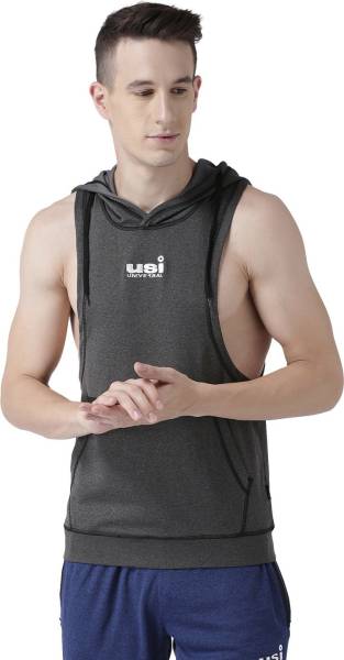 usi Solid Men Hooded Neck Grey T-Shirt