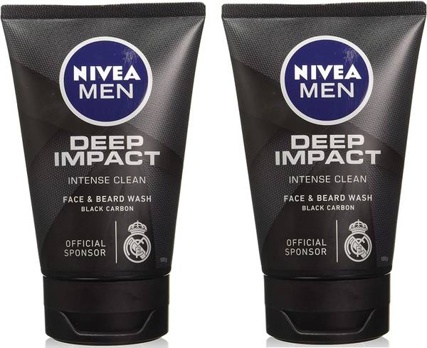 NIVEA Deep Impact Intense Clean Face & Beard Wash Black Carbon Each 100g Pack of 2 Face Wash