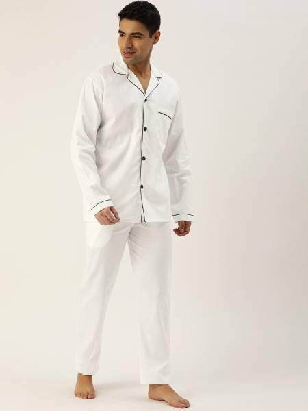 Hancock Men Solid White Shirt & Pyjama set