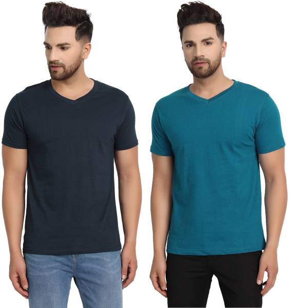 ESPARTO Solid Men V Neck Dark Blue, Blue T-Shirt