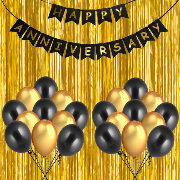 PARTY MIDLINKERZ Happy Anniversary Balloons Decoration Kit 33 Pcs, 1 set of Happy Anniversary banner and 30 Pcs Golden and Black Metallic Balloons Set...