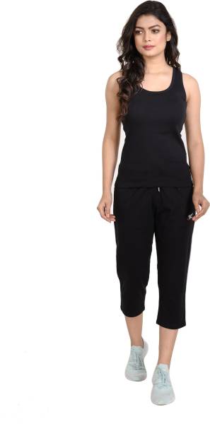 STYLE CLUB Women Solid Black, Black Top & Capri Set