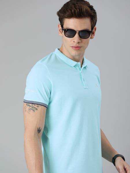 WROGN Solid Men Polo Neck Blue T-Shirt