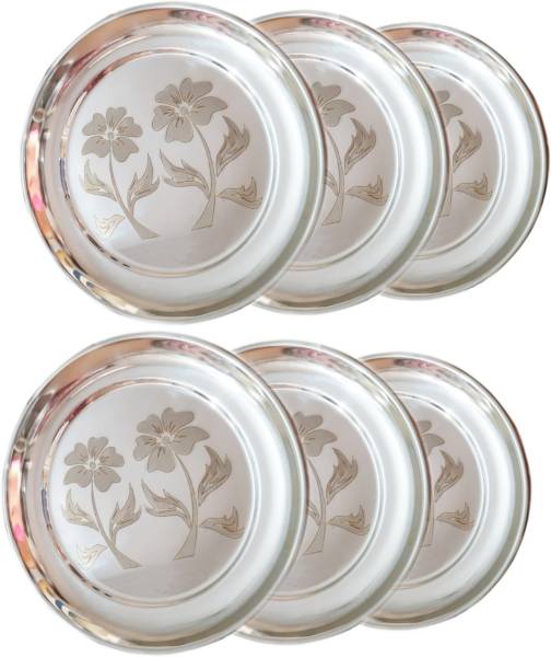 ESS KAY Set of Six Quarter Laser Engraved Floral Stainless Steel Plates Heavy Guage 19cm Quarter Plate