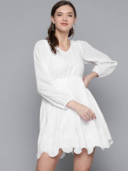 SASSAFRAS Women Skater White Above Knee/Mid Thigh Length Dress