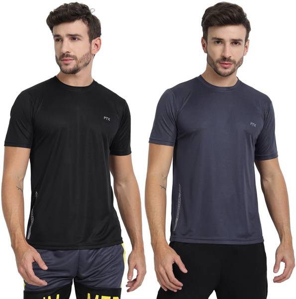 FTX Solid Men Round Neck Black, Grey T-Shirt