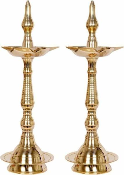 damurhu Brass Chandramukhi Brass Traditional Golden Kerala Diya/Oil Lamp Stand- Deepak for Temple (Set of 2) Size-12 Brass (Pack of 2) Table Diya Set