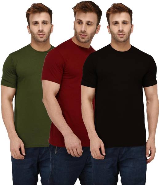 London Hills Solid Men Round Neck Dark Green, Maroon, Black T-Shirt
