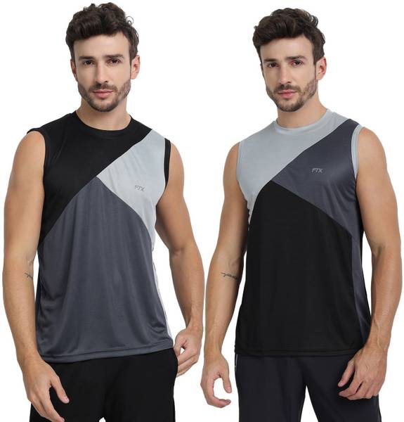 FTX Solid Men Round Neck Black, Grey T-Shirt