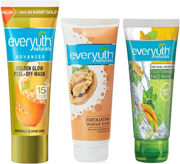 Everyuth Naturals Golden Glow Peel-Off Mask 90g + Exfoliating Walnut Scrub 50g + Tulsi Turmeric Face Wash 50g