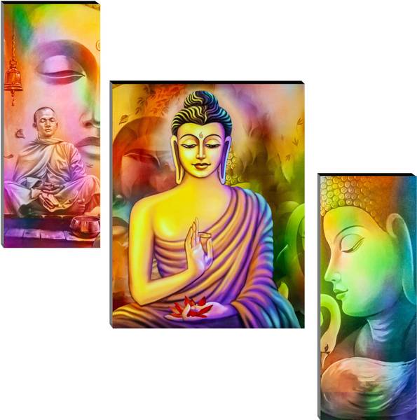 Indianara Set of 3 Gautam Buddha MDF Art Painting (3585FL) without glass (4.5 X 12, 9 X 12, 4.5 X 12 INCH) Digital Reprint 12 inch x 18 inch Painting