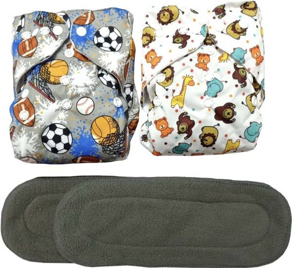 kogar All New Solid Printed Teddy Football Cloth Diaper With Black 5 Layer Insert For New Born Baby To 2 Year (2 Diaper +2 Insert) - M - L
