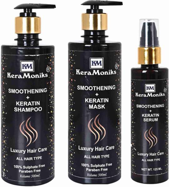 Keramoniks Smoothening Plus Keratin Shampoo 500 ml + Smoothening Plus Keratin Hair Mask 500 ml + Smoothening Plus Keratin Hair Serum 125 ml ( Pack of ...