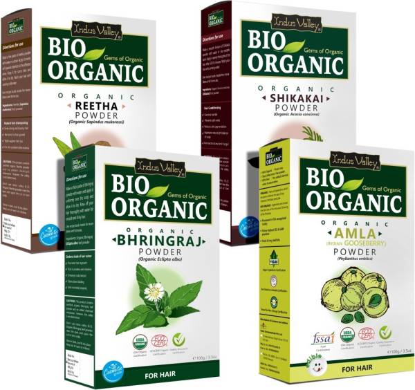 Indus Valley Organic Amla , Reetha, Shikakai & Bhringraj Powder Combo Pack - For Hair and Skin Care