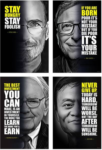 Steve Jobs, Warren Buffett, Jack Ma, Bill Gates, Motivational Wall Posters and Inspirational Quotes for Office, Home and gym, Pack of 04 Paper Print