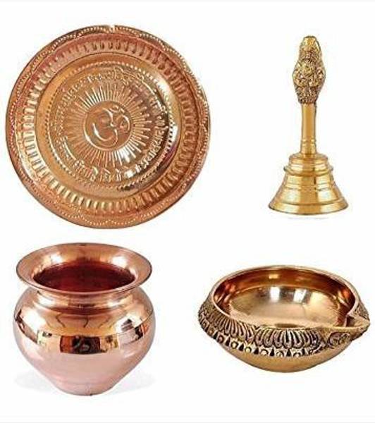 SIYAA SIYAA ;- Pooja Materials Set for Workship with Special Pooja Thali God Bell, and Lota Maded with Brass deep Set of 4 pcs (in pack of 1) Copper, ...