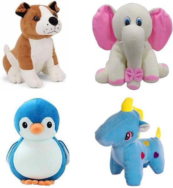 Eguds Special Combo of 4 Super Soft Plush Teddy cream elephant, blue Unicorn, bulldog , blue penguin Soft Stuffed for Kids/ gifts birthday and for spe...