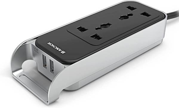 Anchor By Panasonic 6A,Spike Guard With Handle, 2 Sockets + USB 2.4A, 1.5 M cable (Black and Silver) (22074) 5 A Three Pin Socket