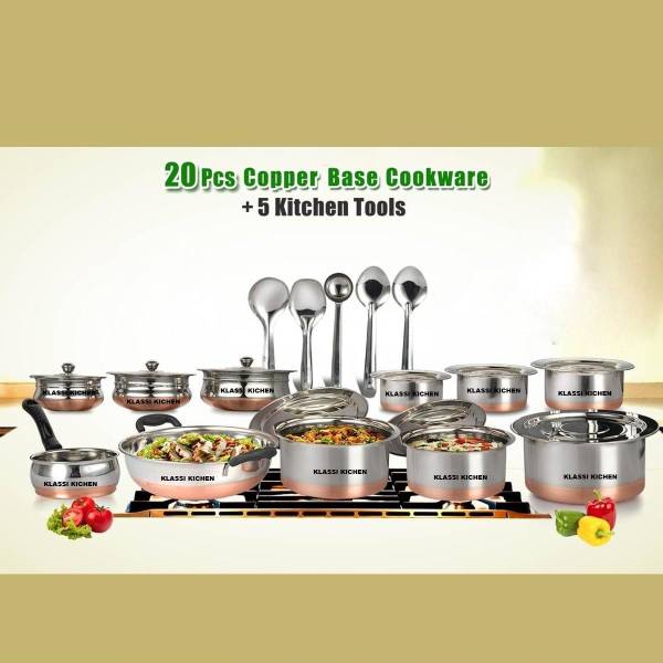 KLASSI KICHEN kware Set - 20+5pc Copper Cook & Serve Set Induction Bottom Cookware Set  (Stainless Steel, 20 - Piece)