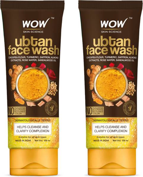 WOW SKIN SCIENCE Ubtan  with Chickpea Flour, Turmeric, Saffron, Almond Extract, Rose Water &amp; Sandalwood Oil - No Sulphate, Parabens, Silicones &amp; Color - Pack of 2 - Net Vol 200mL Face Wash  (200 ml)