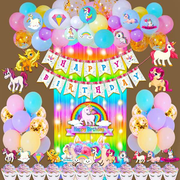 Party Propz Unicorn Birthday Theme Decorations Items Combo Set - 73Pcs Unicorn Birthday Decoration Items Kit with Banner, Cake Topper,Curtains, Pastel...