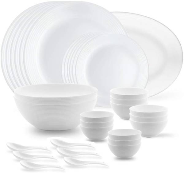 BOROSIL Pack of 33 Opalware By Larah OR{Dinner plate 11"(6 pcs) || Quarter plate 7.5"(6 pcs) || Oval platter 13"(1 Pcs) || Veg bowl 180ml(6 Pcs) || So...