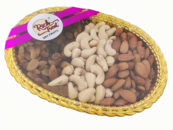 Rich Treat Premium Quality Dry fruits 3*100g (Golden Oval Shape basket) Almonds, Cashews and Raisins
