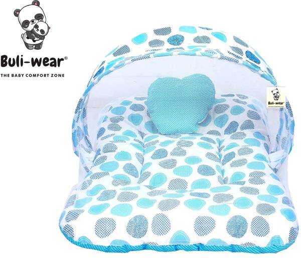 BuliWear Polyester Infants Washable Buli Wear Super Soft , Cotton Baby Mattress with Net - Bedding Set (0-6 Months ,Blue Dot) Mosquito Net
