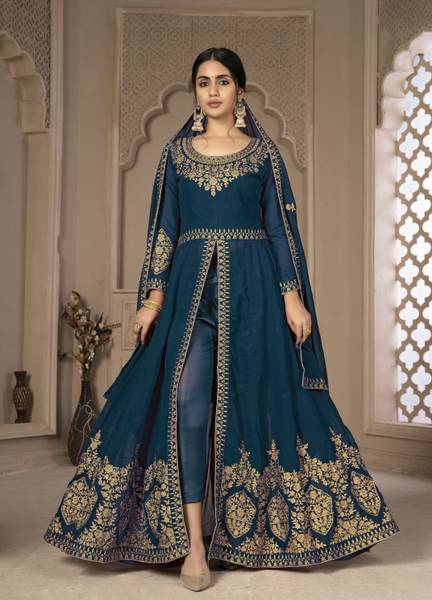 Divine Exim Georgette Embroidered, Self Design Gown/Anarkali Kurta & Bottom Material