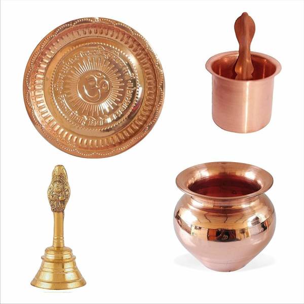 AANU Material Brass & Copper Pooja Samagri || Combo of 5 Set, Copper OM Plate, Brass Pooja Bell/Ghanti and Copper Kalash Lota with Panch Patra/Achmani...