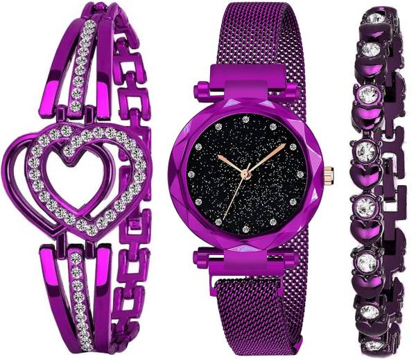BRAIN WATCH NEW DIMOND DIAL MAGNET STRAP WITH PURPLE TWO BRACLERT COMBO SET FOR WOMEN Analog Watch  - For Girls