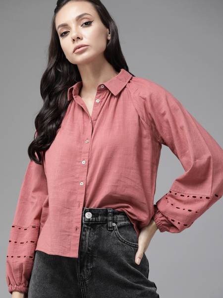 Roadster Women Solid Party Pink Shirt