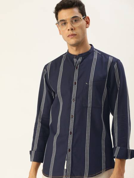 Mr Bowerbird Men Striped Casual Dark Blue Shirt