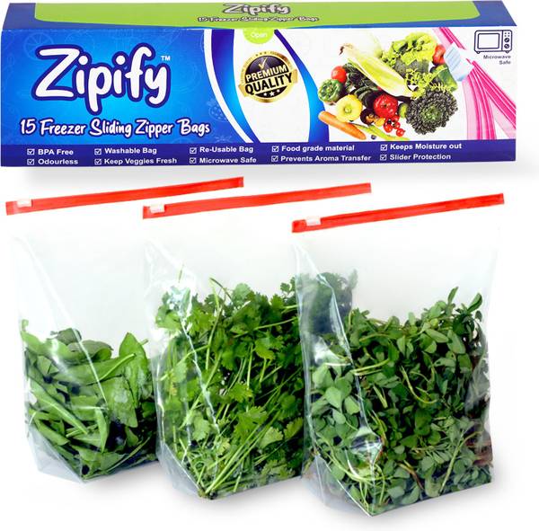 Zipify 15 Pcs Ziplock Pouch Vegetable Bag, Zip Lock Plastic Bags for Fridge Food Cover, Reusable Zip Lock Bag to Store Vegetables in Fridge - Zipper P...