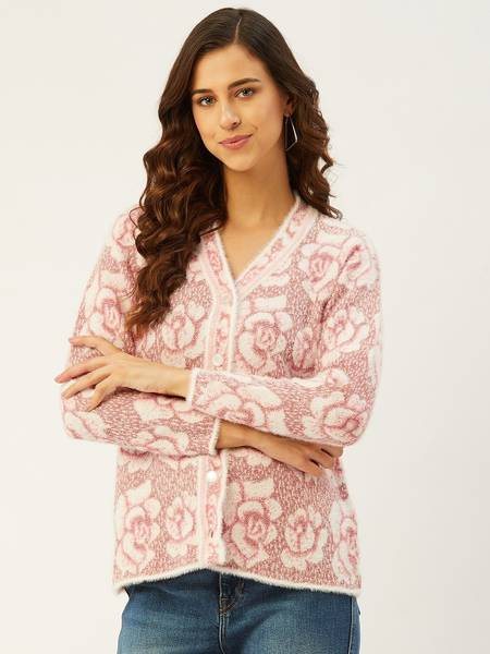 Rivza Self Design V Neck Casual Women Pink Sweater