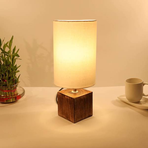 Homesake Modern Zen Wooden Lampshade Nightstand Lamps, Antique Base E27 Creative Reading Bedside Lamps Ideal for Bedroom, Cube, Khadi Table Lamp