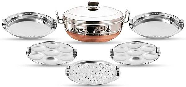 Silvester Kitchen King Multiple Uses Kadai (Copper Bottom)with SS lid and 2 Idli Plates + 2 Dhokla + 1 Patra/dhokla Plate or Muthiya. Standard Idli Ma...