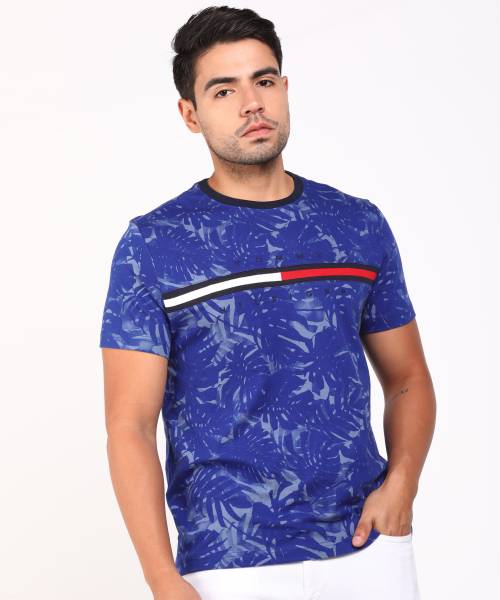 TOMMY HILFIGER Printed Men Round Neck Blue T Shirt Price History