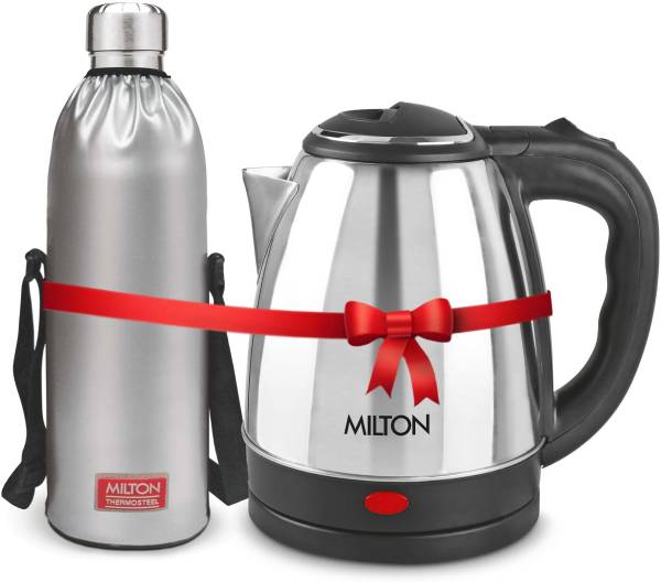 MILTON Combo Set Insta Electric Stainless Steel Kettle, 1.5 Litres, Silver and Duo DLX Thermosteel Hot or Cold Stainless Steel Water Bottle with Jacke...