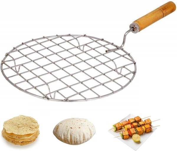 Cloudzy 1PC Round Papad Roaster Stainless Steel Roti Maker Jali Barbeque Vegetable Tandoor Net Roaster with Wooden Handle Paneer Grill Maker Fulka Mak...