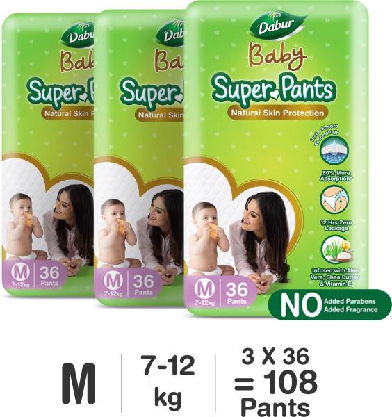 Dabur Baby Super Pants | Diaper Infused with Aloe Vera, Shea Butter &amp; Vitamin E | Insta-Absorb Technology - M  (108 Pieces)