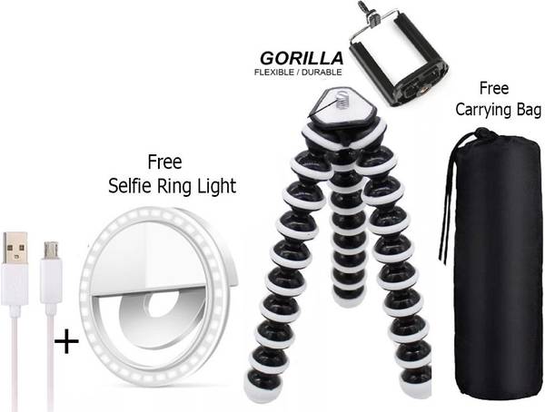 BUFONA Best SELFIE RING LIGHT + GORILLA TRIPOD + DUSTPROOF BAG Fully Flexible Portable & Foldable Camera & Mobile Tripod With Mobile Clip Holder BUF-G...