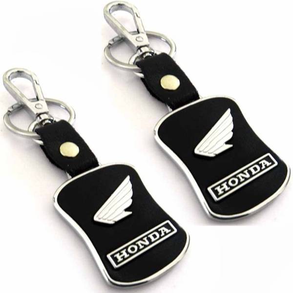 SOI Black Leather with Chrome Logo Key chain for Honda Scooter and Bikes - Pack of 2 Key Chain