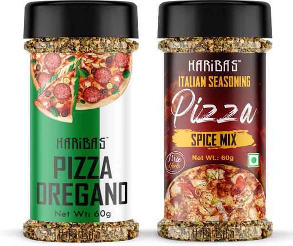 HARIBAS Combo Pack of 2 Pizza Seasoning 60GM and Oregano Powder 60GM | Oregano and Pizza Seasoning for Pizza and Pasta | Dominos Oregano Seasonings for Pizza, Pizza Seasoning in Pantry | Mix Herb Seasoning